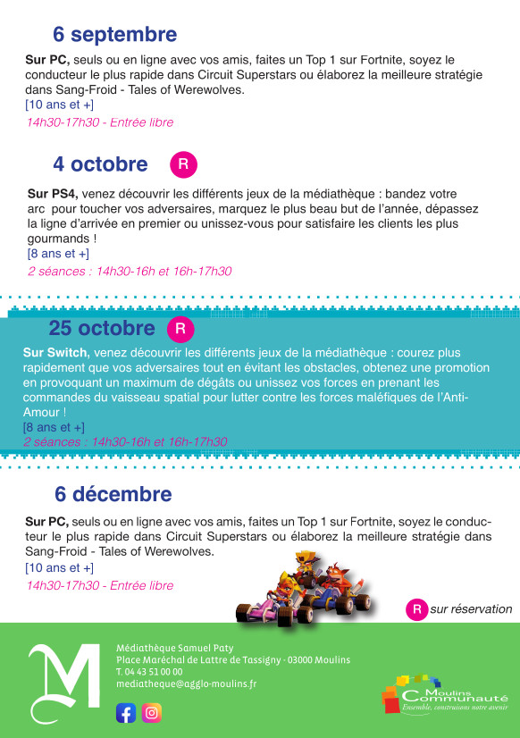 🎮 Mercredi 4 octobre à la médiathèque Samuel Paty, prenez la manette de la PS4 et découvrez les jeux de la médiathèque : Fifa 23, Zombie Viking, Rocket League, Overcooked et plein d'autres !

Deux séances : 14h30 et 16h

Réservation conseillée, à partir de 8 ans, gratuit 😉