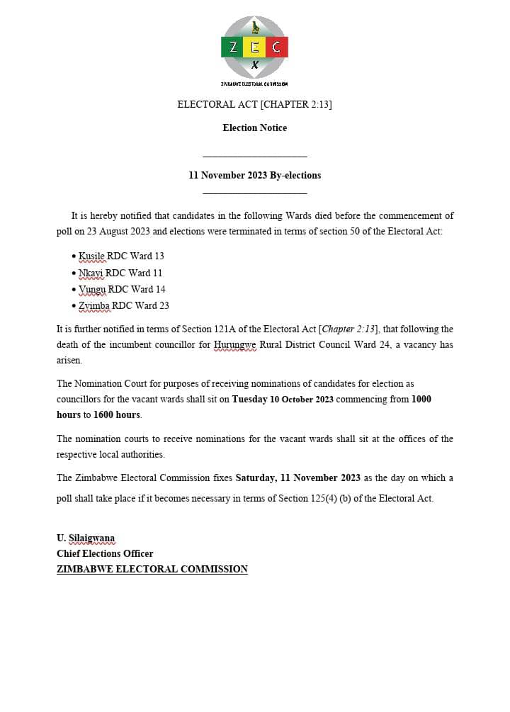 ZECzim's tweet photo. Kusile RDC, Nkayi RDC, Vungu RDC, Zvimba RDC by-elections notice https://t.co/AUmsV7Q1iG