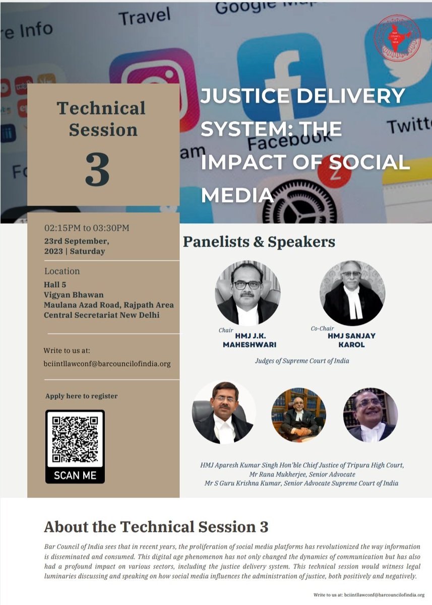 The third technical session of the International Lawyers' Conference 2023 is on Impact of Social Media on Justice Delivery System.

Justice JK Maheshwari and Justice Sanjay Karol are the chair and co-chair respectively of the session.

#BarCouncil #InternationalLawyersConference