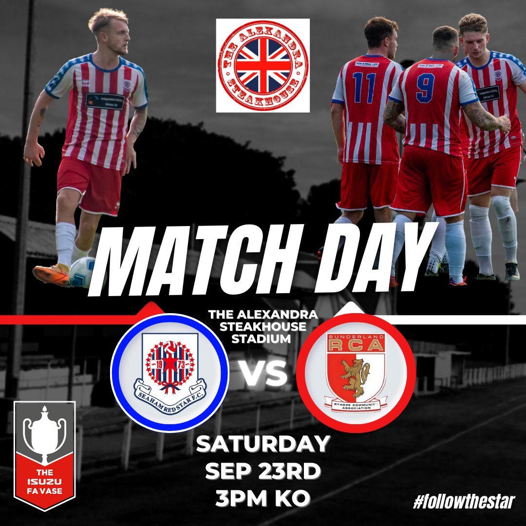 SeahamRedStar's tweet photo. 🚨 MATCHDAY

It's derby day in the FA Vase Second Qualifying Round! 🏆

🆚 @SunderlandRCA
🗓️ 3pm KO
🏟️ The Alexandra Steakhouse Stadium
📍 Stockton Road, SR7 0HP
🎟️ £6 Adults / £4 Concessions / U16's Free

Come out &amp; back the boys! 👊

#followthestar🔴⚪ https://t.co/33olb6xbTP