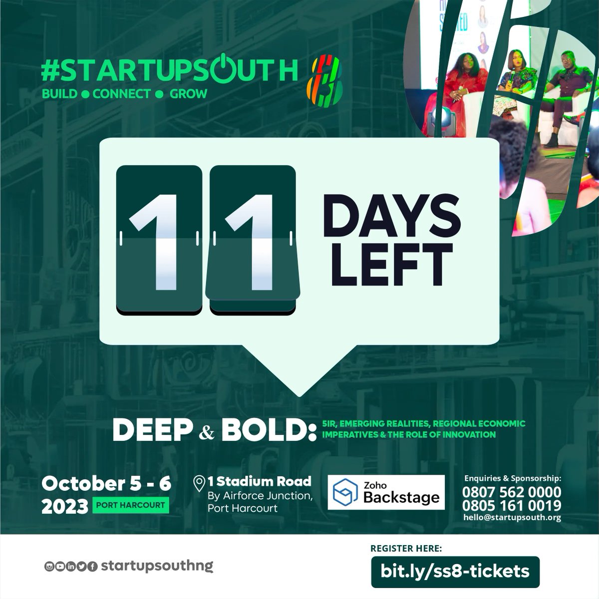 It’s already 11 Days to Go!

Are you ready to build, connect and grow?

Looking for opportunity to really network and engage with founders, and stakeholders in the startup space?

Don't miss this #StartupSouth8 event
Get your ticket here:buff.ly/44YGV6L
#StartupSouth #SS8
