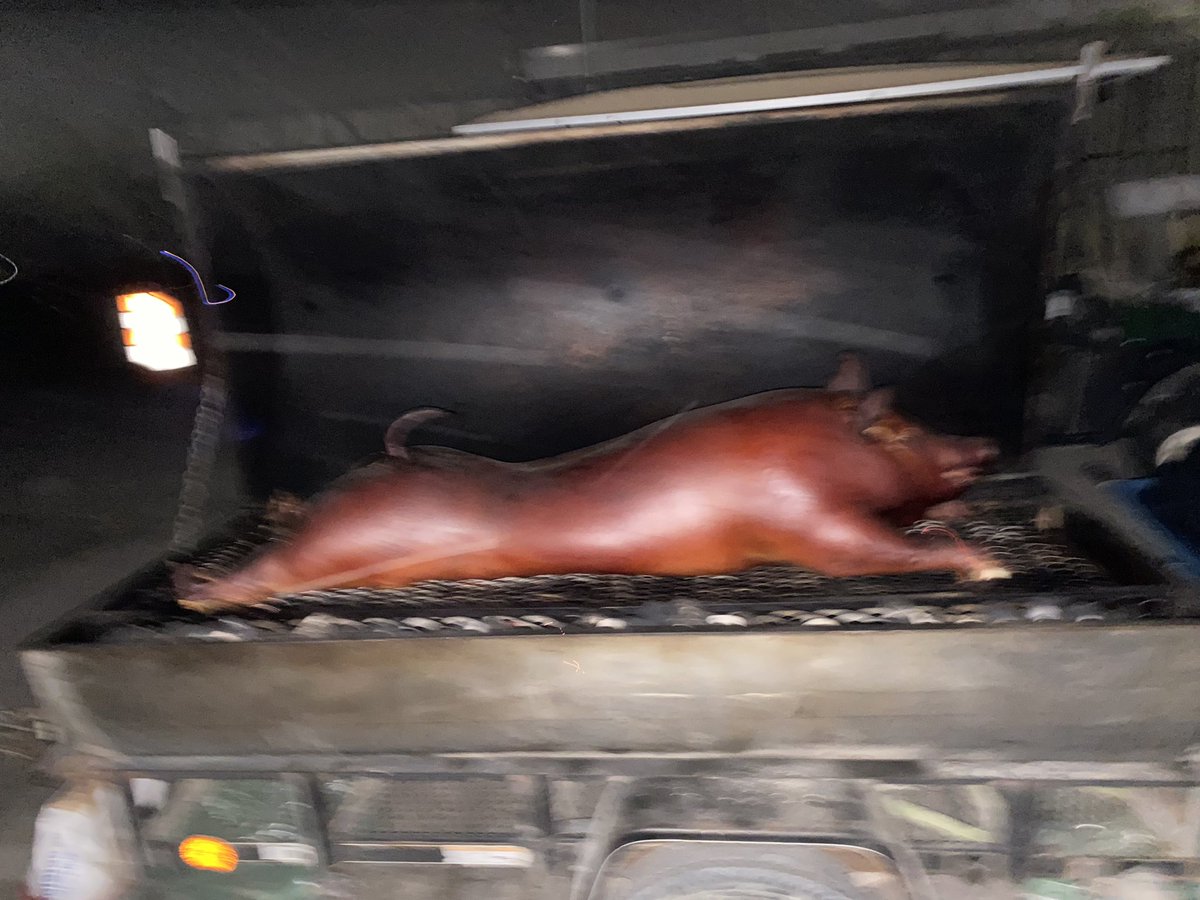 GGunthorp's tweet photo. Beautiful evening under the stars, roasting a pig, at Ruoff Music Theatre for the VIP    @FarmAid .  Pig is coming along perfect.  

Did I mention I’m still in the clouds….I got the Spirit of Farm Aid farmer award last night personally signed by Willie? https://t.co/fy3h5p6YFq