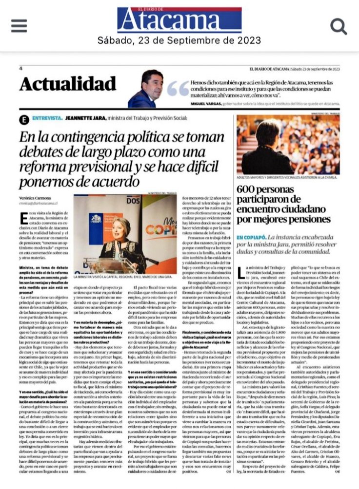 jeannette_jara's tweet photo. 🗞️ Vamos por  #MejoresPensiones para actuales y futuros jubilados/as ✨🇨🇱 
Les comparto entrevistas de hoy ☺️👇
@chanarcillo 
@diarioatacama https://t.co/l2ULfC2tCh