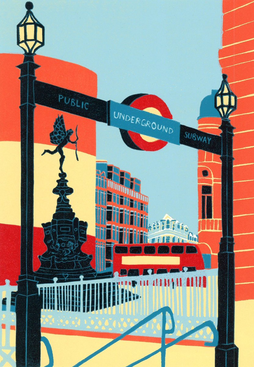 Piccadilly Circus linocut print. One from the archive. It was a really cold day with a bitter wind when I went up town to get source material for this one. 
#piccadillycircus #linocut