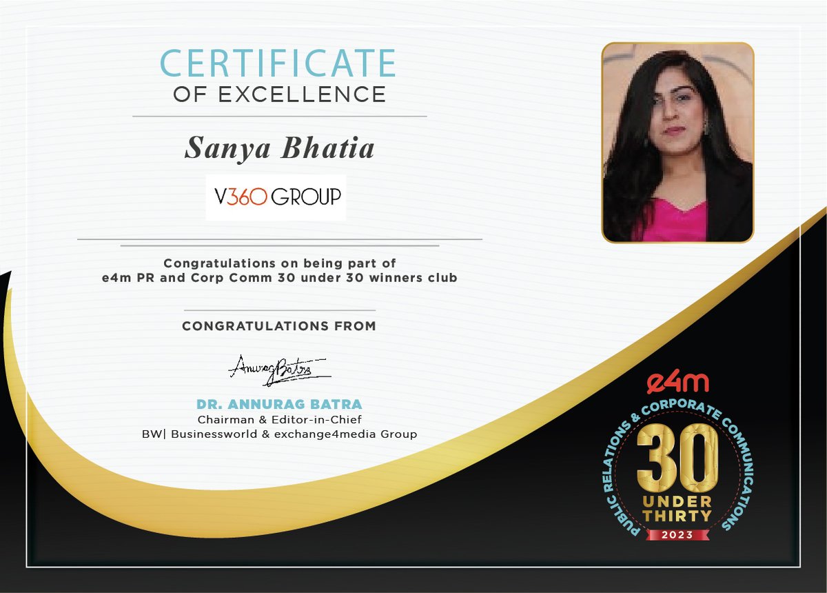 Our heartiest congratulations to Ms. <a href="/SanyaBhatia7/">Sanya Kaur</a>  from <a href="/value_360/">V360 Group</a> for winning the 3rd edition of e4m PR and Corp Comm 30 under 30 2023.

<a href="/anuragbatrayo/">Anurag Batra</a> | <a href="/nawalahuja/">Nawal Ahuja</a> | <a href="/karanbhatias/">Karan Bhatia</a> 

#e4mpr30under30 #e4mevents #PRandCorpComm #e4mprawards #awards #30under30 #summit