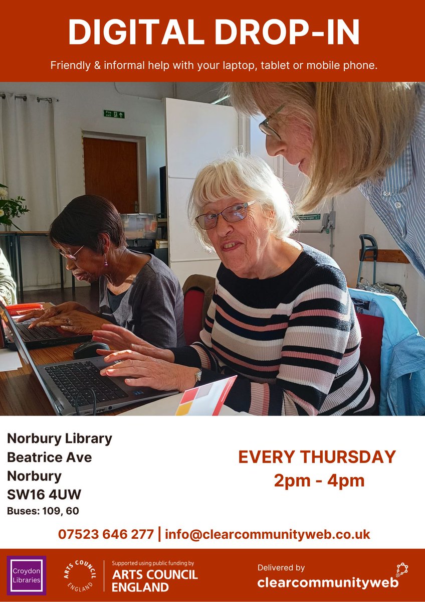 Every Thursday 2pm-4pm we run a Digital Drop-In at Norbury Library. Friendly, informal help with laptops, mobile phones or laptops
#sw16 #Norbury 
@LoveNorburySW16 @Leila4Norbury @NorburyGreenRA