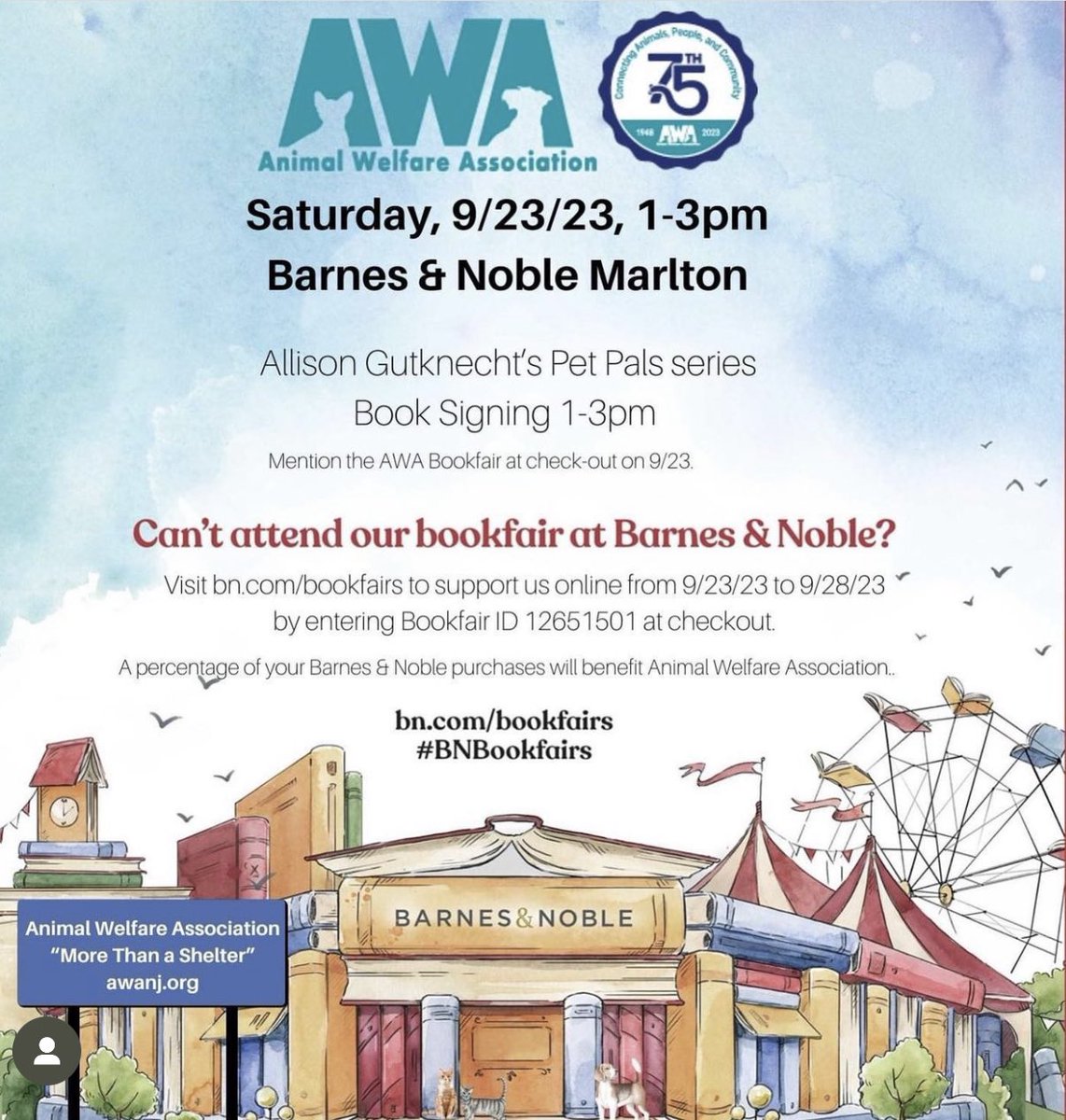 BNMarlton's tweet photo. Join us at #bnmarlton today, Saturday, September 23rd, at
1:00pm for the Pet Pals Party! A portion of the proceeds benefit @awa_nj of Voorhees! 

#PetPalsParty @allisonpolkadot 
#voorhees #barnesandnoble #books #bnbuzz #bn2023 
#myweekendisbooked #reading #animals #benefits https://t.co/lV03lODqoX