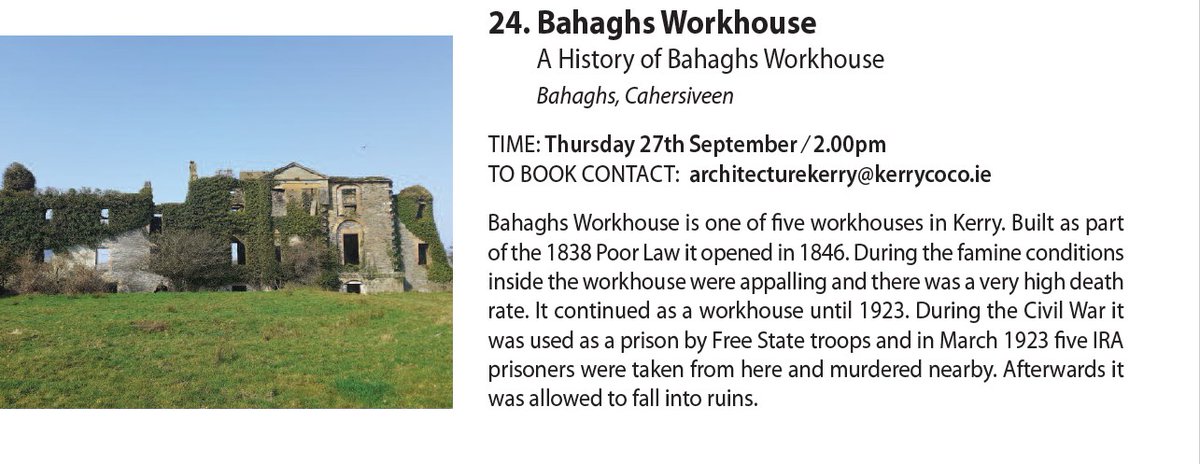 The next week is Architecture Kerry week with lots of good events all over Kerry. I will be giving a talk on Bahaghs Workhouse (near Cahersiveen) on Thursday 27/9 at 2pm.