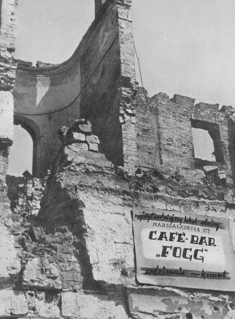 The first slide of a presentation I’m giving today: a photograph of an advertisement for Café-bar “Fogg”, one of the first post-war cafés created in Warsaw, which was established by the singer Mieczysław Fogg in 1945