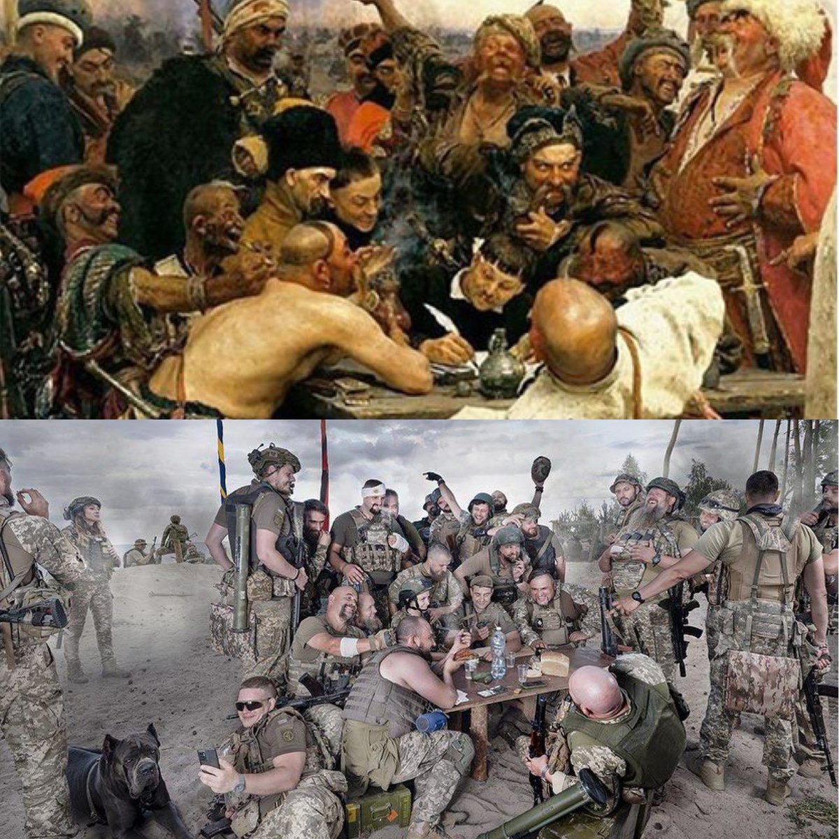 Soldiers of the 112th Territorial Defense Brigade and French photographer Émeric Lhuisset recreated the painting 'Reply of the Zaporozhian Cossacks' by Ukrainian artist Illia Repin. 📸📷 - emericlhuisset / Instagram
