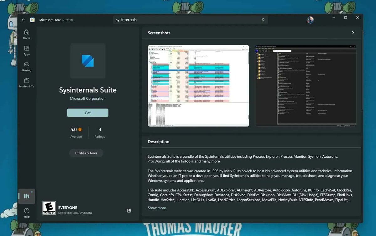 ThomasMaurer's tweet image. Install Sysinternals from the Microsoft Store 
thomasmaurer.ch/2021/10/instal… 
#Sysinternals #Windows #Windows11 #Windows10