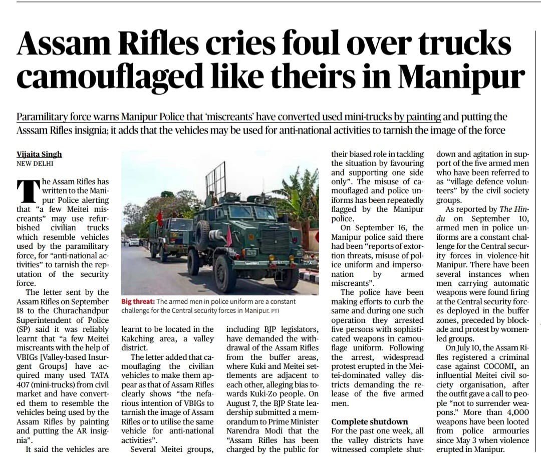 KSO_Mumbai's tweet photo. #MeiteiCamouflagedAssamRiflesTrucks‼️

—The Assam Rifles has witten to the Manipur Police alerting that "a few #Meitei miscreants" may use refurbished civilian #trucks which #resemble vehicles used by the paramilitary force.

—A few Meitei miscreants with the help of VBIGs [Valley-based #Insurgent Groups] have acquired many used TATA
407 (mini-trucks) from #civil market and have converted them to resemble the vehicles being used by the #Assam Rifles by painting and putting the AR #insignia.

—Isn’t this anti-national activities" to #tarnish the reputation of the security force❓

—Doesn’t this put the Kuki_Zo people at risk of being under possible massive #attack from the meiteis❓

—Can we secure verification of the vehicles to save the image of our #national security forces❓

#SeparateAdministrationOnlySolution 
#SeparateAdministration4Kuki_Zo 
#ManipurViolence

#Stop Meitei Militants from destroying the country mage of national security forces and attack on Kuki_Zo people. We seek nothing but only #Justice: Justice for the #crimes committed against #Kuki_Zo community! Hear us out!
@PMOIndia
@UNHumanRights 
@WomenRightsIntl 
@ncsthq
@thewire_in
@the_hindu
@IndianExpress
@IndiaTodayNE
@ThePrintIndia
@ndtv
@Spearcorps
