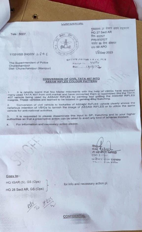 KSO_Mumbai's tweet photo. #MeiteiCamouflagedAssamRiflesTrucks‼️

—The Assam Rifles has witten to the Manipur Police alerting that "a few #Meitei miscreants" may use refurbished civilian #trucks which #resemble vehicles used by the paramilitary force.

—A few Meitei miscreants with the help of VBIGs [Valley-based #Insurgent Groups] have acquired many used TATA
407 (mini-trucks) from #civil market and have converted them to resemble the vehicles being used by the #Assam Rifles by painting and putting the AR #insignia.

—Isn’t this anti-national activities" to #tarnish the reputation of the security force❓

—Doesn’t this put the Kuki_Zo people at risk of being under possible massive #attack from the meiteis❓

—Can we secure verification of the vehicles to save the image of our #national security forces❓

#SeparateAdministrationOnlySolution 
#SeparateAdministration4Kuki_Zo 
#ManipurViolence

#Stop Meitei Militants from destroying the country mage of national security forces and attack on Kuki_Zo people. We seek nothing but only #Justice: Justice for the #crimes committed against #Kuki_Zo community! Hear us out!
@PMOIndia
@UNHumanRights 
@WomenRightsIntl 
@ncsthq
@thewire_in
@the_hindu
@IndianExpress
@IndiaTodayNE
@ThePrintIndia
@ndtv
@Spearcorps