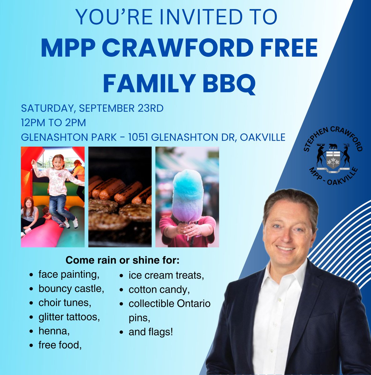Good Morning!  Here are 3 Things Happening today:
1) MPP Crawford's Free Family BBQ from 12 to 2 at Glenashton Park
2) Milton Fall Fair: miltonfair.com
3) Oakville Community Play Day from 2-5pm : oakville.ca/community-even…
