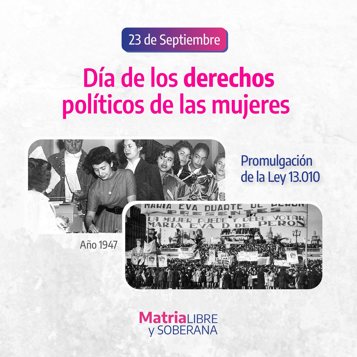 #DiaDeLosDerechosPoliticosDeLasMujeres 💜🗳️
🟣 Ante la posibilidad de perder aquellos derechos alcanzados por las mujeres y diversidades en nuestro país, recordamos que el 23 de sep del '47 se promulgó la Ley que 13.010. Desde entonces podemos votar y ser votadas.