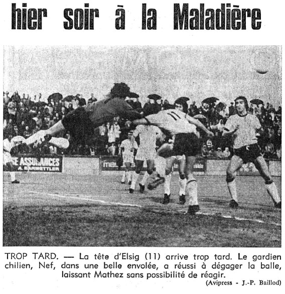 El 23 de septiembre de 1973, <a href="/LaRoja/">Selección Chilena</a> jugó su último partido antes de enfrentar a la URSS por el repechaje mundialista. En la ciudad suiza de Neuchâtel se midió ante el equipo local (el <a href="/XamaxFCS/">Neuchâtel Xamax</a>) y lo derrotó 1-0, con gol de Julio Crisosto a los 89 minutos.
