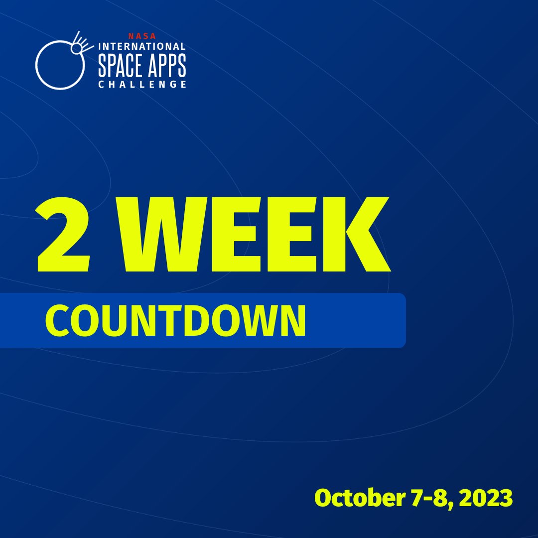 SpaceApps's tweet photo. We are 2 weeks away from the @NASA #SpaceApps Challenge!🚀

⭐ Register &amp; choose a Local Event. Learn how: https://t.co/fxnqbO6lM1 
⭐ Get ready for team formation on Sept. 26th
⭐ Review the challenges: https://t.co/HzgkoAw4HV 
⭐ Check out resources: https://t.co/XBZ3JuIjk5 https://t.co/7pUgwfCjB7