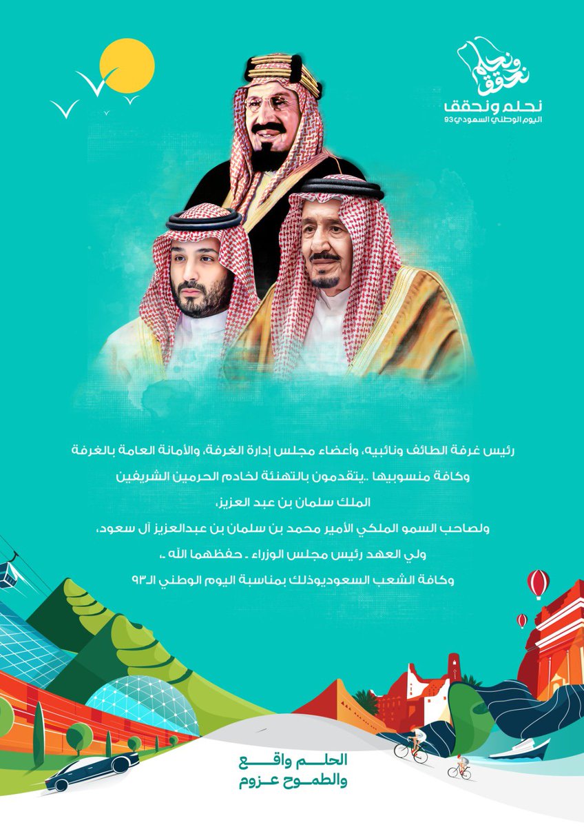 رئيس #غرفة_الطائف ونائبيه، وأعضاء مجلس إدارة الغرفة، والأمانة العامة بالغرفة وكافة منسوبيها ..
يتقدمون بالتهنئة لخادم الحرمين الشريفين الملك سلمان بن عبد العزيز، ولصاحب السمو الملكي الأمير محمد بن سلمان بن عبدالعزيز آل سعود، ولي العهد رئيس مجلس الوزراء ـ حفظهما الله ـ وكافة الشعب