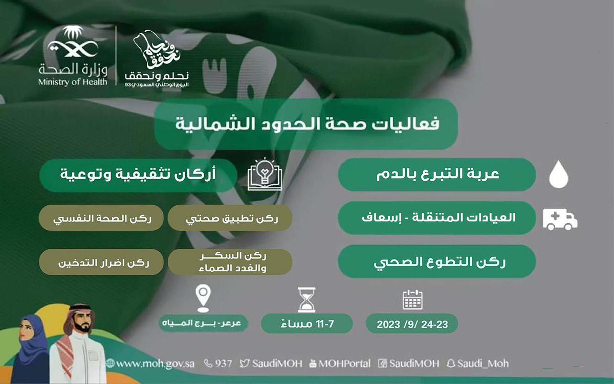 public_arar's tweet photo. #صحة_الشمالية 
تدعوكم لحضور الفعاليات والأركان التوعوية المصاحبة للاحتفال 
في #اليوم_الوطني_93

🗓️  2023/9/24-23
⏰   11-7 م
📍 برج المياه

#نحلم_ونحقق https://t.co/91J4AXtuiz