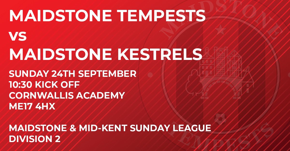 Matchday 3

⚽️ <a href="/mmksfl/">Maidstone & Mid Kent Sunday Football League</a> Division 2
🆚 #MaidstoneKestrels
🕒 Sun 24th September / 10:30 KO
🏟 Cornwallis Academy / ME17 4HX

Referee - S. Bull

#WeAreTempests #SundayLeague @SELKGrassroots #MaidstoneTempests