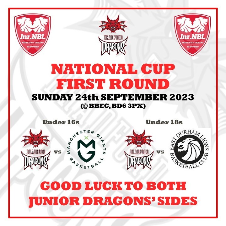Bradford Junior Dragons start their competitive season with National Cup first round fixtures at BBEC tomorrow, Sunday 24th September. Why not get yourselves along to support our future stars?! #BradfordJuniorDragons #Basketball #OneClubOneFamily #NationalCup #jnbl2324