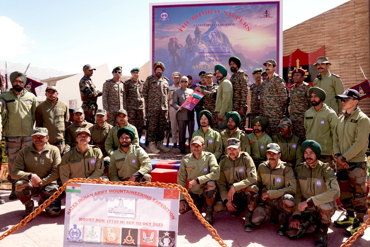 lg_ladakh's tweet photo. #NATEX Indian Army Expedition to Mt Nun was flagged off by the Hon'ble Lt. Governor Brig (Dr) BD Mishra from the Hall of Fame, Leh today.
The expedition commemorates centenary celebrations of The Bombay Sappers War Memorial and 25 Years of Operation VIJAY.
@adgpi @NorthernComd_IA https://t.co/nScPuEv3ht