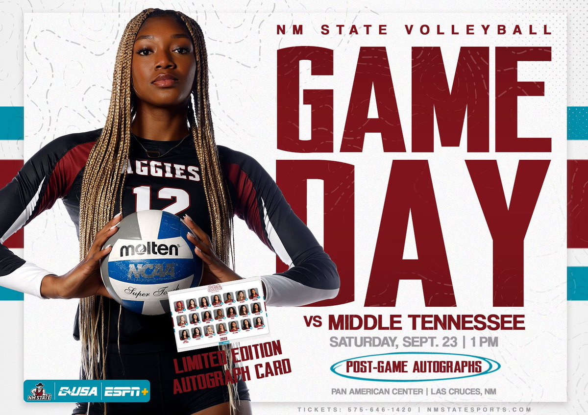𝗥𝗶𝗻𝘀𝗲 𝗮𝗻𝗱 𝗿𝗲𝗽𝗲𝗮𝘁 🔁 

🆚 <a href="/MT_Volleyball/">Middle Tennessee Volleyball</a> 
🕐 1:00 PM MT
📍 Pan American Center
📺 es.pn/3RujPkj
📊 bit.ly/3LAi0yq

#AggieUp | #NoLimitsOnUs