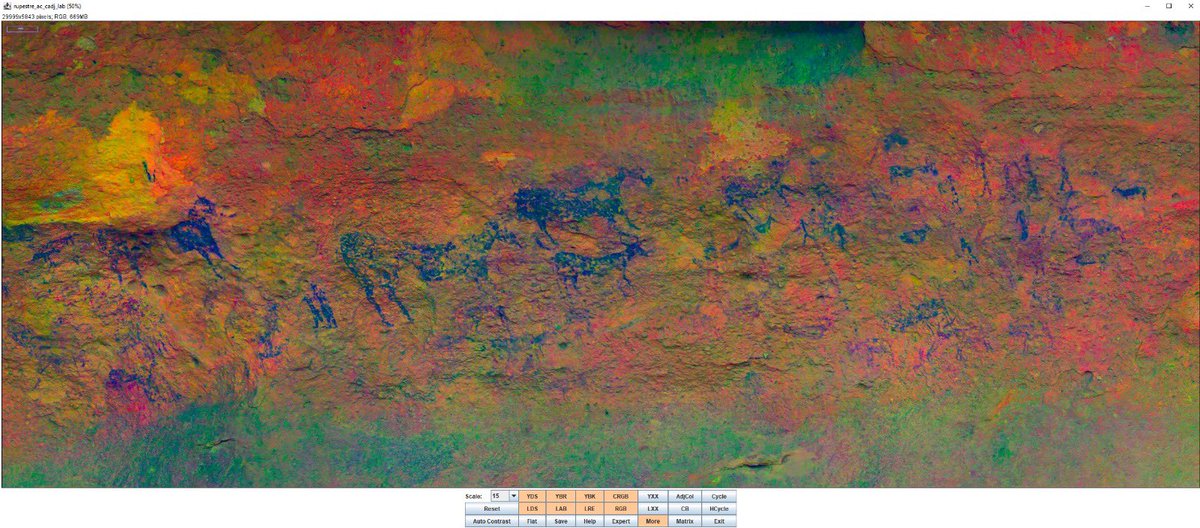 EloyBiar's tweet photo. Posteriormente, empleando el software #dstretch filtramos la textura obtenida para enfatizar los pigmentos rojos y poder ver mejor las figuras. https://t.co/gqeeD1384F
