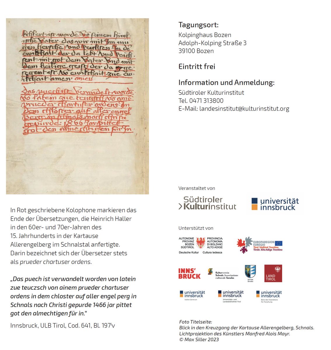 Seit einigen Jahren beschäftige ich mich mit Heinrich Haller, einem #Kartäuser, der als Übersetzer im 15. Jh. sehr produktiv war. Es ist mir eine große Freude, an der von Max Siller <a href="/uniinnsbruck/">@uniinnsbruck@social.uibk.ac.at</a> organisierten Tagung in #Bozen teilnehmen und sprechen zu dürfen. Morgen geht's hin!