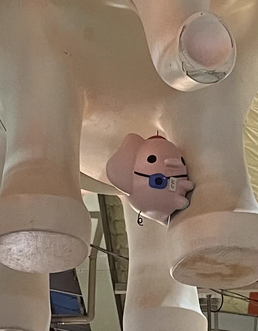 宙に浮くゾウさんの撮影に成功しました(足元に子供) 