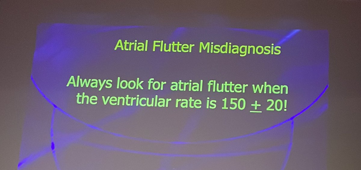 rob_cosentini's tweet photo. Arrhythmias via @amalmattu at #CorConference

Atrial flutter

➡️ ventricular rate 150 +/- 20

➡️ look at leads (V1 > DII) to spot atrial activity

➡️ inverted P waves in inferior leads

➡️ ➡️ flip the ecg upside down

➡️ R-R interval in flutter is fixed in contrast to sinus tach https://t.co/rl2QdAw207
