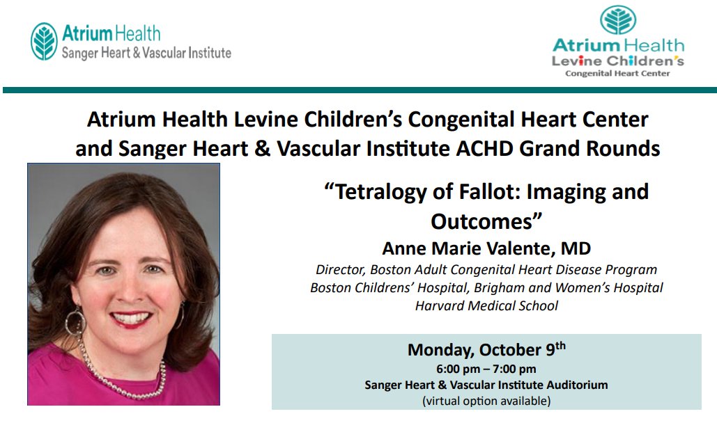 October 9th 6-7 PM EST #ACHD Grand Rounds @AtriumHealth @LevineChildrens @AtriumSHVI : 'Tetralogy of Fallot : Imaging and Outcomes' Dr Anne Marie Valente @interactiveachd . Please join us southpiedmontahec.zoom.us/j/85012865991?… Meeting ID: 850 1286 5991 Passcode: 046531