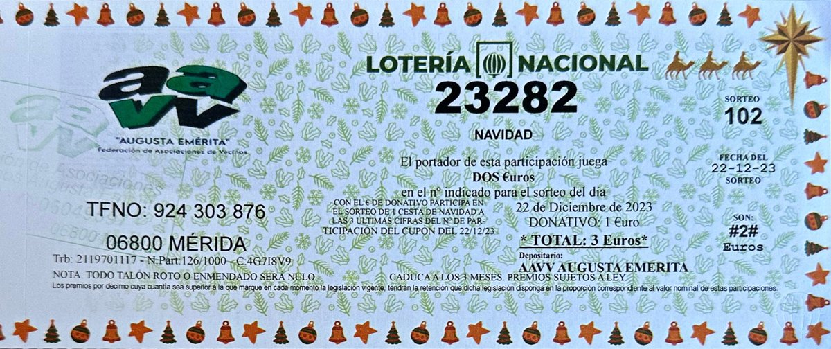 faavvmerida's tweet image. ¡𝐋𝐎𝐓𝐄𝐑𝐈́𝐀 𝐃𝐄 𝐍𝐀𝐕𝐈𝐃𝐀𝐃!
El número de la suerte en nuestra Federación es el 23.282. ¡No pierdas la oportunidad de participar en el Sorteo de Lotería de Navidad!
Puedes hacerte con tu participación en cualquier Asociación de vecinos federada.