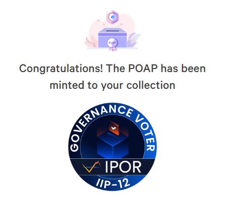 ipor_io's tweet photo. ๐ณ๏ธ If you have participated in the first #IPOR governance vote, you can now gaslessly mint your #POAP. #IIP12
โฐ Don't forget to join the #IPORDAO Snapshot space to stay updated. Turn on notifications!
โก๏ธ Go to https://t.co/Bag5BWL3Jp https://t.co/F3Epo0GlT2