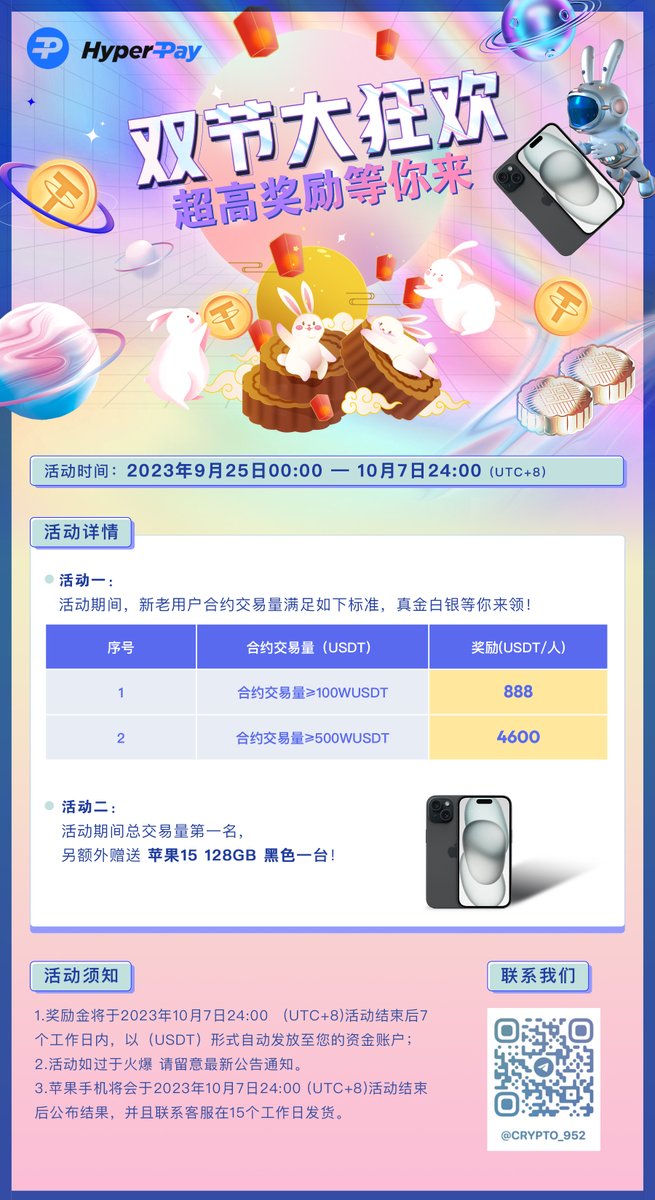 HyperPayChinese's tweet photo. 🤩假期近在咫尺，���备好躺赢出行! 
🥳合约打卡再度回归，来一场 HyperPay合约交易赛赛前拉练! 
🎁即刻赢取最高4600USDT 假日出行基金，更有苹果15手机等你来拿！ https://t.co/nZ0JgL8vZj