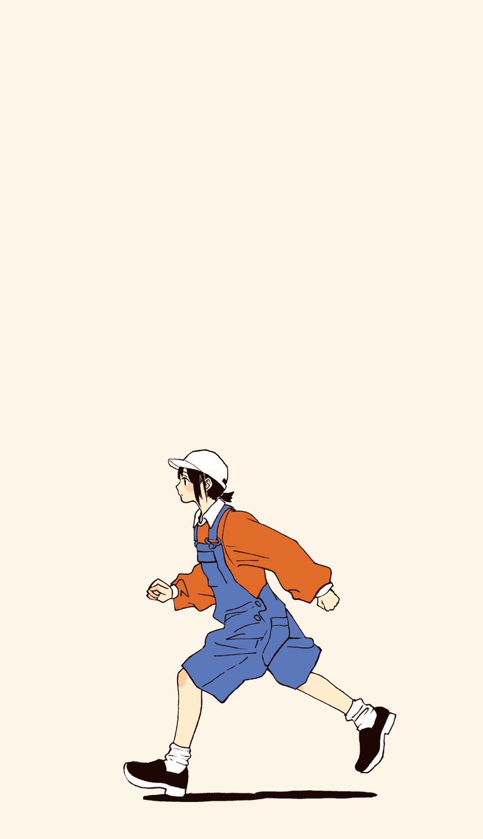 1girl solo overalls hat white headwear running orange shirt  illustration images