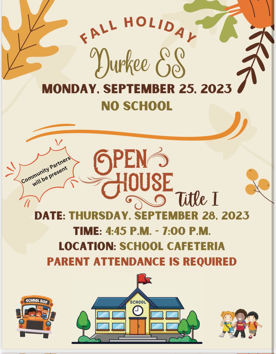 Durkee Elementary (@teamdurkeees) on Twitter photo No school Monday! Open House on Thursday September 28,2023
No hay clases el Lunes! Casa abierta el jueves 28 de septiembre! <a href="/AliciaPuente713/">Alicia Puente</a> No school Monday! Open House on Thursday September 28,2023
No hay clases el Lunes! Casa abierta el jueves 28 de septiembre! <a href="/AliciaPuente713/">Alicia Puente</a>