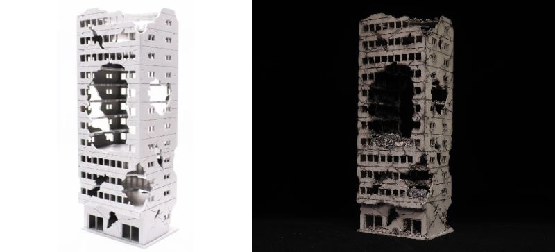 rainfine359's tweet photo. 壊れたビル9 (1/144スケール)

完成しました！
PREZZA JAPAN さんより発売中の『壊れたビル9(1/144スケール)』を"より廃墟っぽく"製作しました。
三枚目は新品との比較画像になります。
製作過程は #タコサメVS瓦礫 のタグにまとめてあります。

#ジオラマ
#1/144スケール
#PREZZA JAPAN https://t.co/kxeykAnHUL