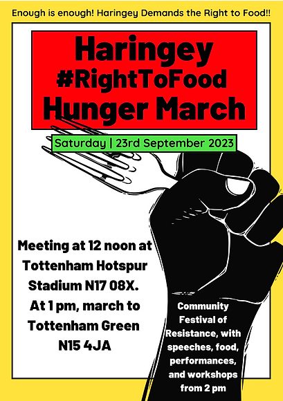 #HungerMarch-ing today from outside Spurs at White Hart Lane, N17 0BX. Assembling 12pm for march to Tottenham Green's Community Festival of Resistance at 1pm.
Food, performances, workshops, speakers - Tottenham Green, N15 4JA.
#HungerIsAPoliticalChoice
Then... 1/2