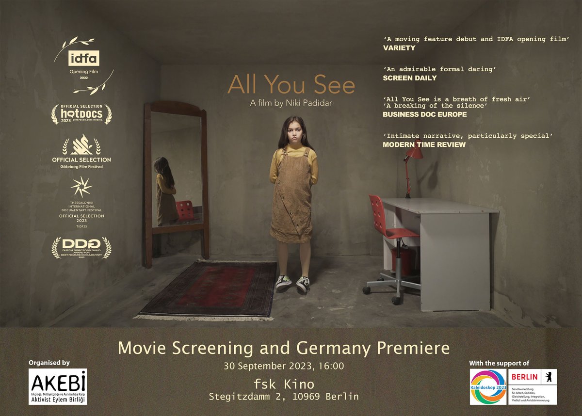 AkebiBerlin's tweet photo. It is our pleasure to invite you to the Germany Premiere of the film “All You See”, the first feature film of Niki Padidar exploring themes of exclusion and being an outsider through her own experiences in the Netherlands. https://t.co/X8BKSqAsyy