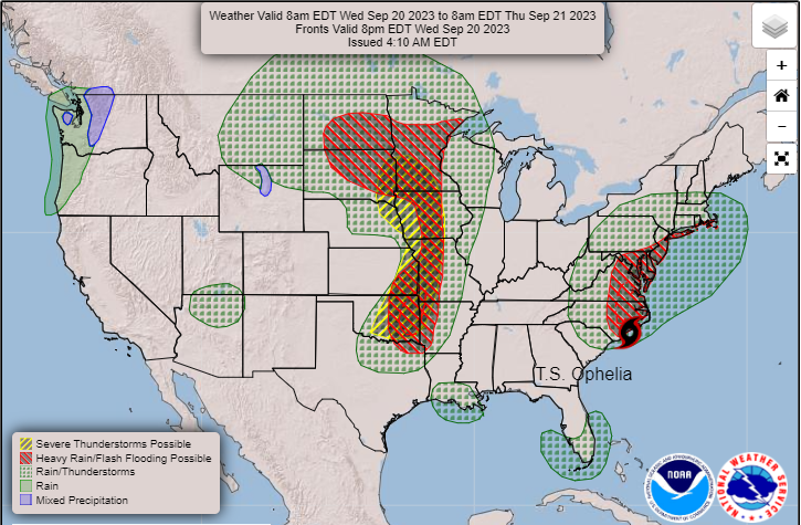 NWS's tweet photo. Here's the weather snapshot for a busy Saturday
-Ophelia will produce heavy rain, flooding, coastal surge and tropical storm conditions in North Carolina and the Mid-Atlantic
-Severe weather with tornadoes, hail and winds and heavy rain with flooding are likely in the Central US https://t.co/GMqE7fxCfV