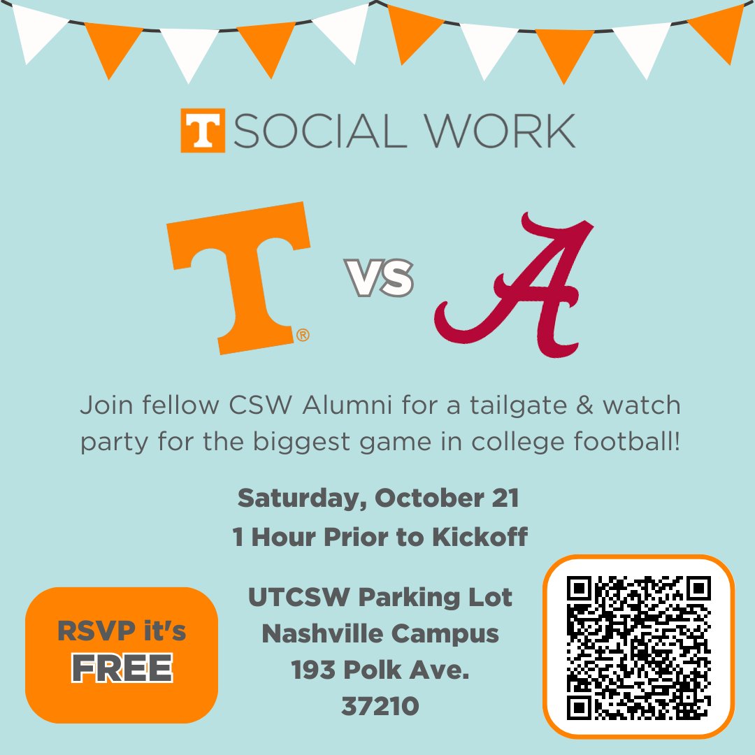 utkcsw's tweet photo. Save the date! Join the #utkcsw alumni, faculty, staff, students &amp; community partners for a tailgate/ watch party in the Nashville area. Come for free food, beverages, swag, fellowship and fun! Register at: https://t.co/yCtAIpQ9fi We hope to see you there! #GoVols #VFL https://t.co/1ijIlf4k4A
