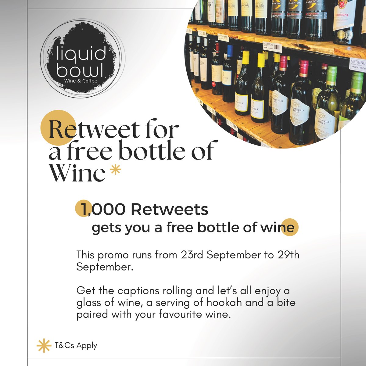 Retweet and get yourself a bottle

#Wineworths #WineBarOpening #WineLoversUnite #SipAndSavor #ShishaAndSips #WineExtravaganza #LiquidBowlExperience #WineBarDiscoveries