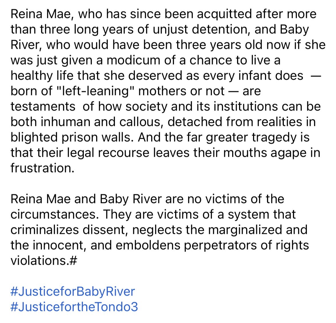 PRESS STATEMENT | Still no justice for Reina Mae Nasino and Baby River Reina Mae, who has since been acquitted after more than three long years of unjust detention, and Baby River, who would have been three years old now…