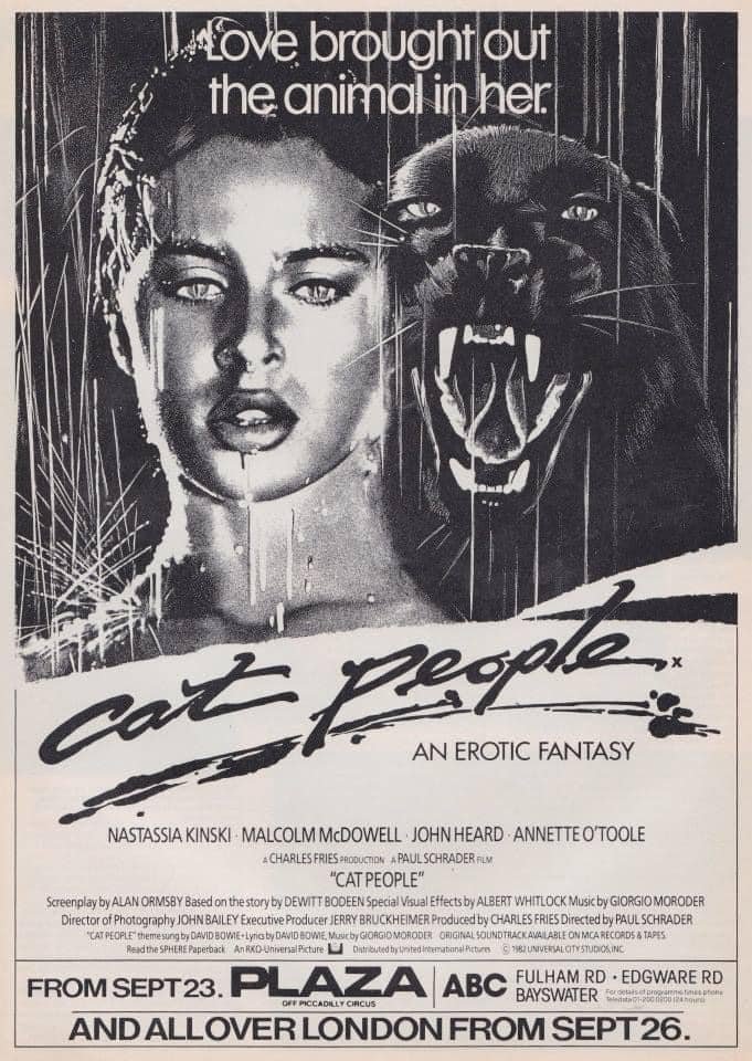 Forty-one years ago today, love brought out the animal in her in London cinemas… #CatPeople #1980s #film #films #horrormovie #HorrorMovies #NastassjaKinski #PaulSchrader #MalcolmMcDowell #JohnHeard #AnnetteOToole