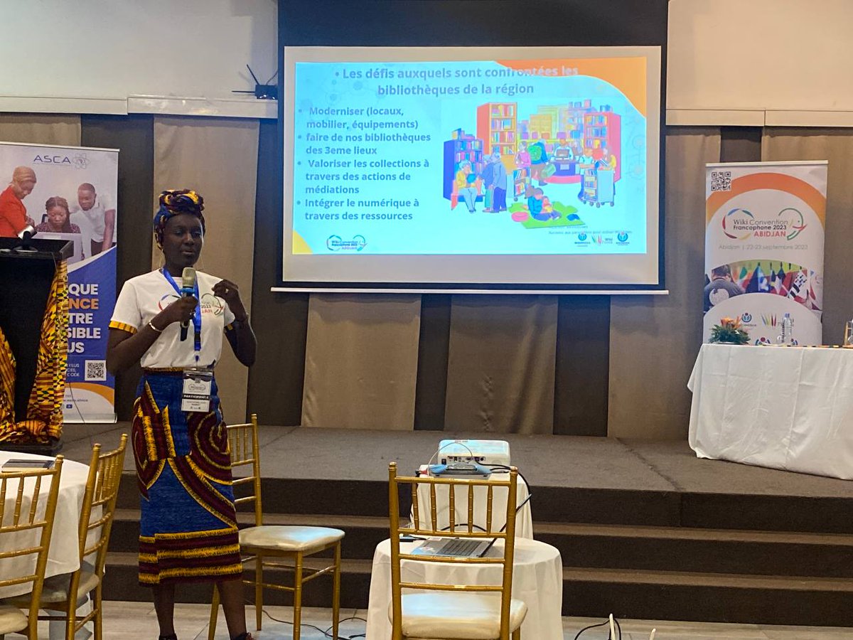 WikiFranca's tweet photo. La présentation de Ourytima sur l'enquête sur la collaboration et les partenariats entre les #Wikimédiens et les #bibliothèques d'#Afrique #francophone. Une opportunité passionnante de découvrir les liens entre nos communautés !

#WikiConvFr23 #WikiFranca #francophonie #Abidjan https://t.co/LerlxWYQem