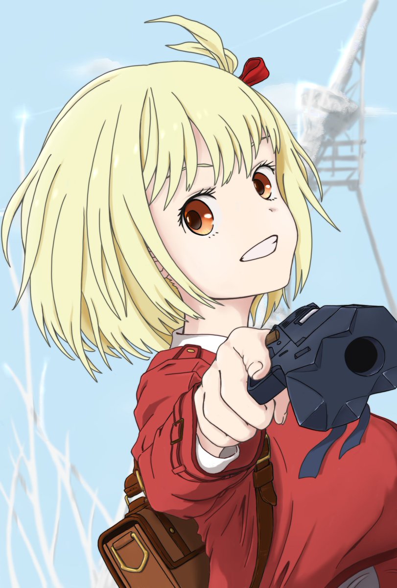 nishikigi chisato 1girl lycoris uniform blonde hair gun weapon solo short hair  illustration images