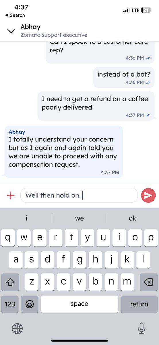 Coffee cold, coffee spilled, coffee half but #zomato and #barista refuses to refund. Look at the way their customer care resolves issues. Just because I am visiting India and because I am from US and using a US number, you exploit your customers. @zomato @BaristaIndia