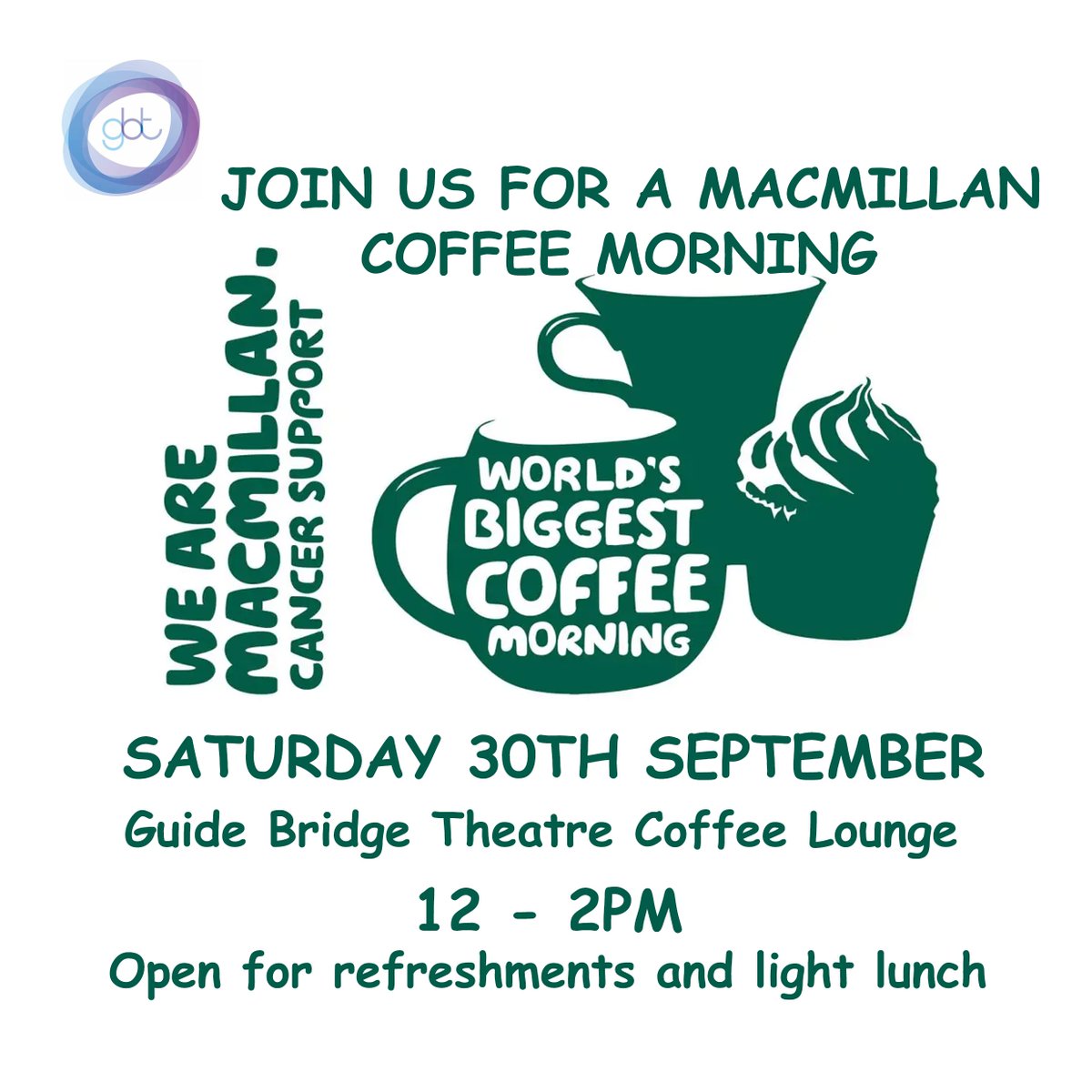 Come and be a part of our Macmillan Coffee Gathering on the upcoming Saturday, the 30th, from noon until 2 pm. We'll be serving beverages and a delightful light lunch.
#macmillancoffeemorning #cancersupport #guidebridgetheatre #ashtonunderlyne #Greatermanchester #Audenshaw