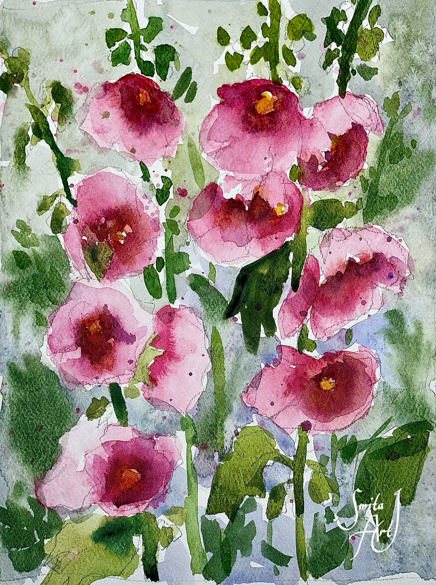 Crimson hollyhocks,
In the garden, they ignite,
Pink and red delight 🌸

#watercolorflorals #watercolor #floralart #floral #Autumn #September  #hollylocks